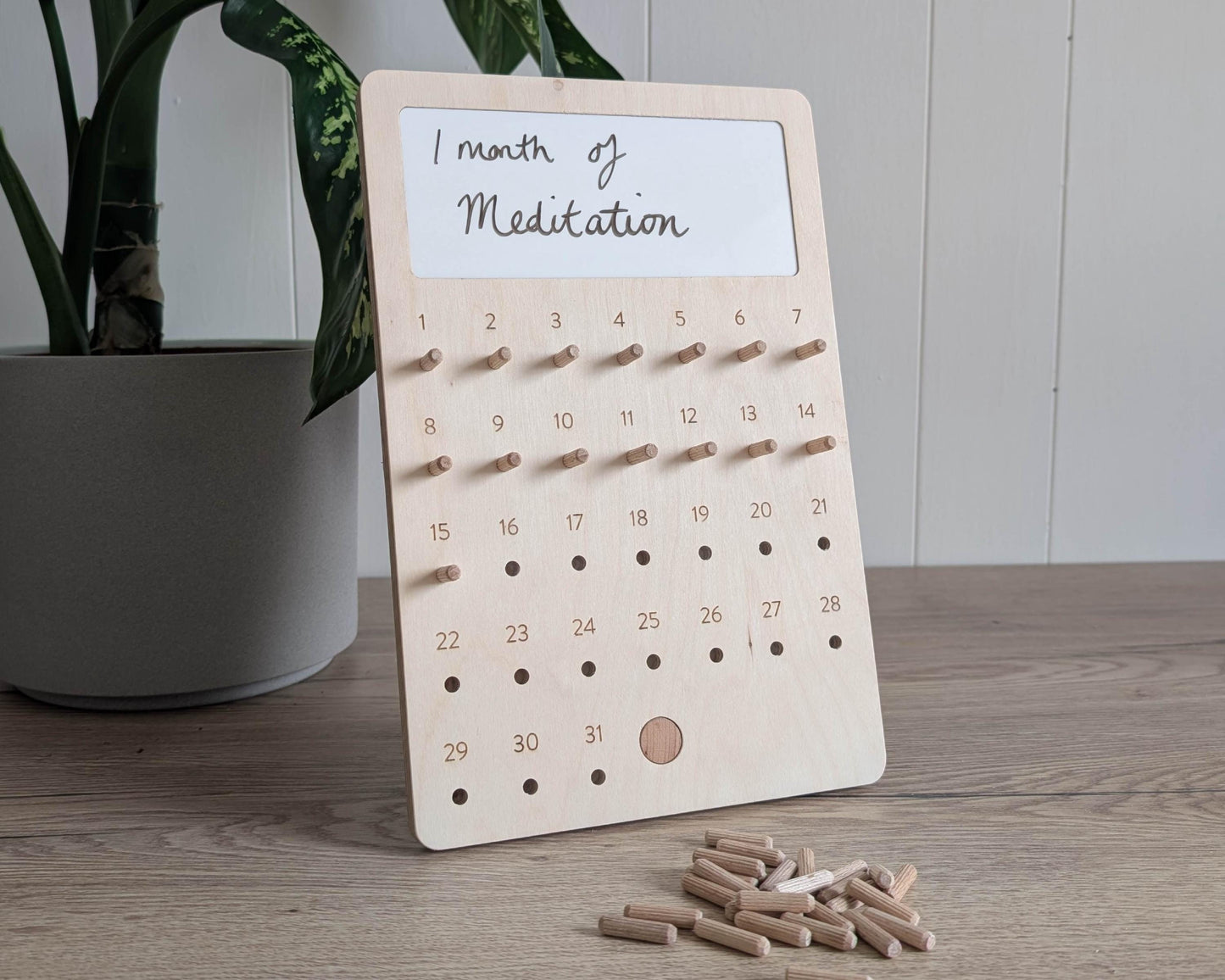 31 Day or Year Habit Tracker – Free Standing Wooden Self Care & Wellness Board – Reusable Mindful Daily Routine - Writeable Simple Design