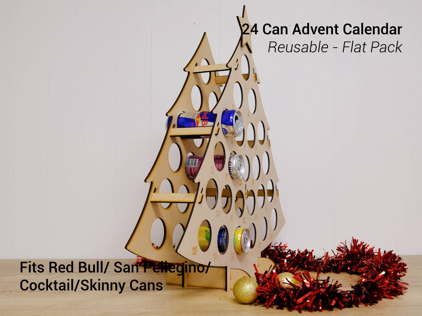 Skinny Can Advent Calendar Tree, Holds 24 Cans, Reusable MDF Christmas Countdown - Red Bull, Cocktails