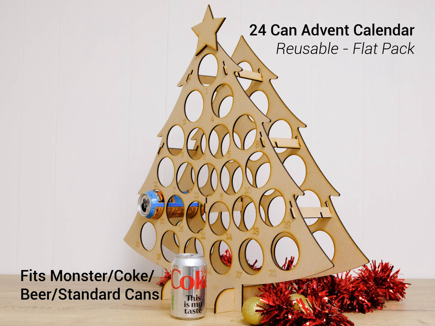 Beer Can Advent Calendar Tree, Holds 24 Standard Cans, Reusable MDF Christmas Countdown