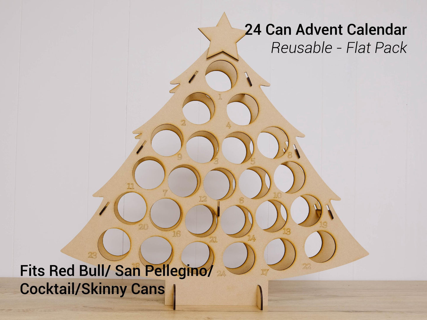 Skinny Can Advent Calendar Tree, Holds 24 Cans, Reusable MDF Christmas Countdown - Red Bull, Cocktails