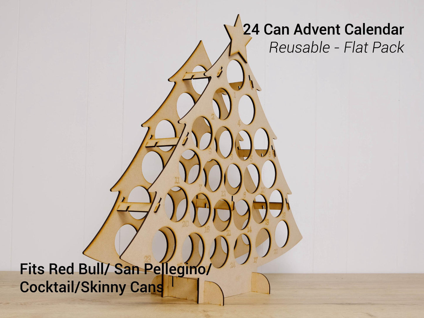 Skinny Can Advent Calendar Tree, Holds 24 Cans, Reusable MDF Christmas Countdown - Red Bull, Cocktails