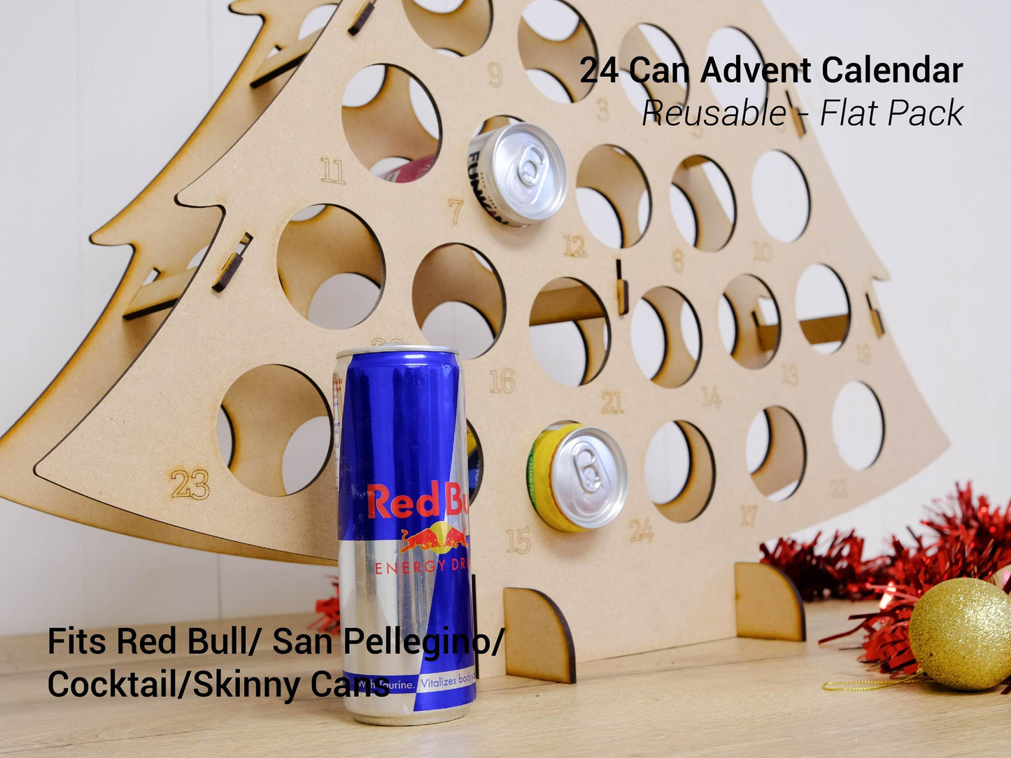 Skinny Can Advent Calendar Tree, Holds 24 Cans, Reusable MDF Christmas Countdown - Red Bull, Cocktails