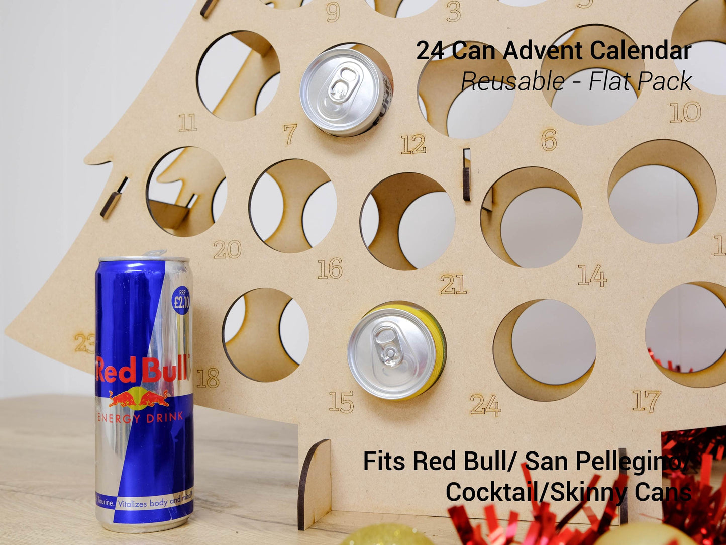 Skinny Can Advent Calendar Tree, Holds 24 Cans, Reusable MDF Christmas Countdown - Red Bull, Cocktails