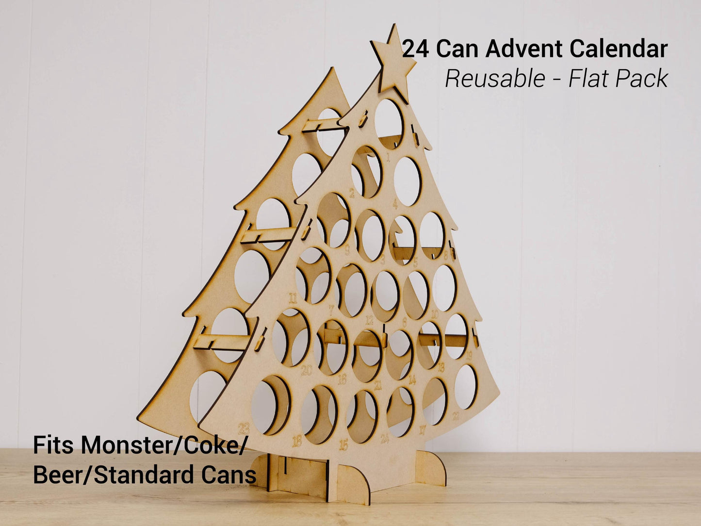 Can Advent Calendar Tree, 12 or 24 Cans, Skinny or Standard, Reusable MDF Christmas Countdown