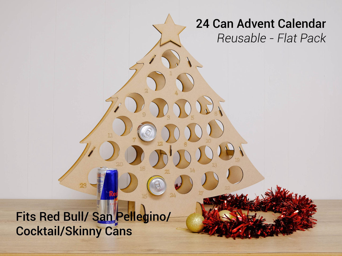 Can Advent Calendar Tree, 12 or 24 Cans, Skinny or Standard, Reusable MDF Christmas Countdown