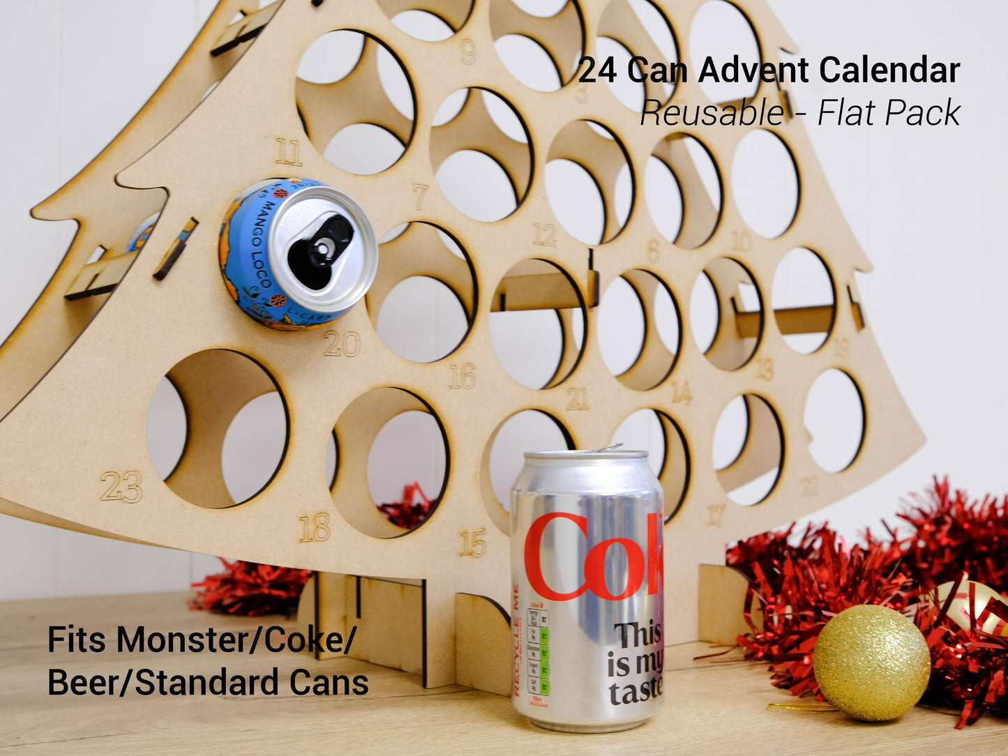 Can Advent Calendar Tree, 12 or 24 Cans, Skinny or Standard, Reusable MDF Christmas Countdown