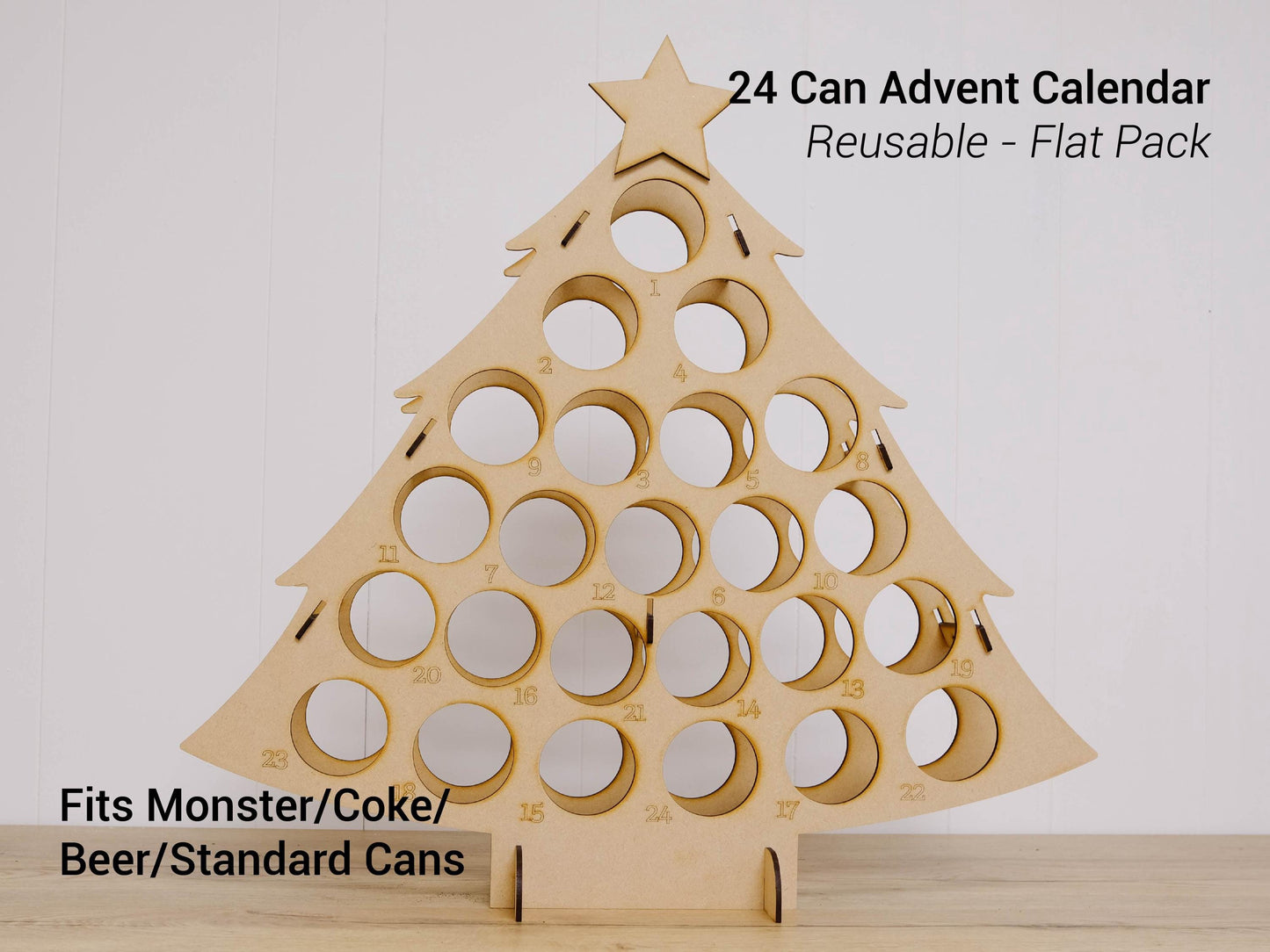 Can Advent Calendar Tree, 12 or 24 Cans, Skinny or Standard, Reusable MDF Christmas Countdown