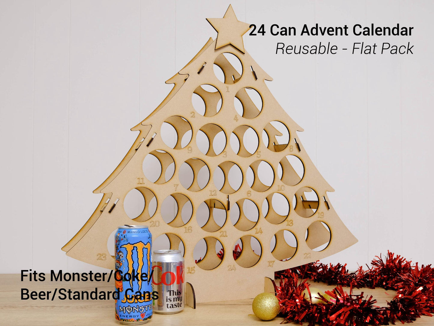Can Advent Calendar Tree, 12 or 24 Cans, Skinny or Standard, Reusable MDF Christmas Countdown