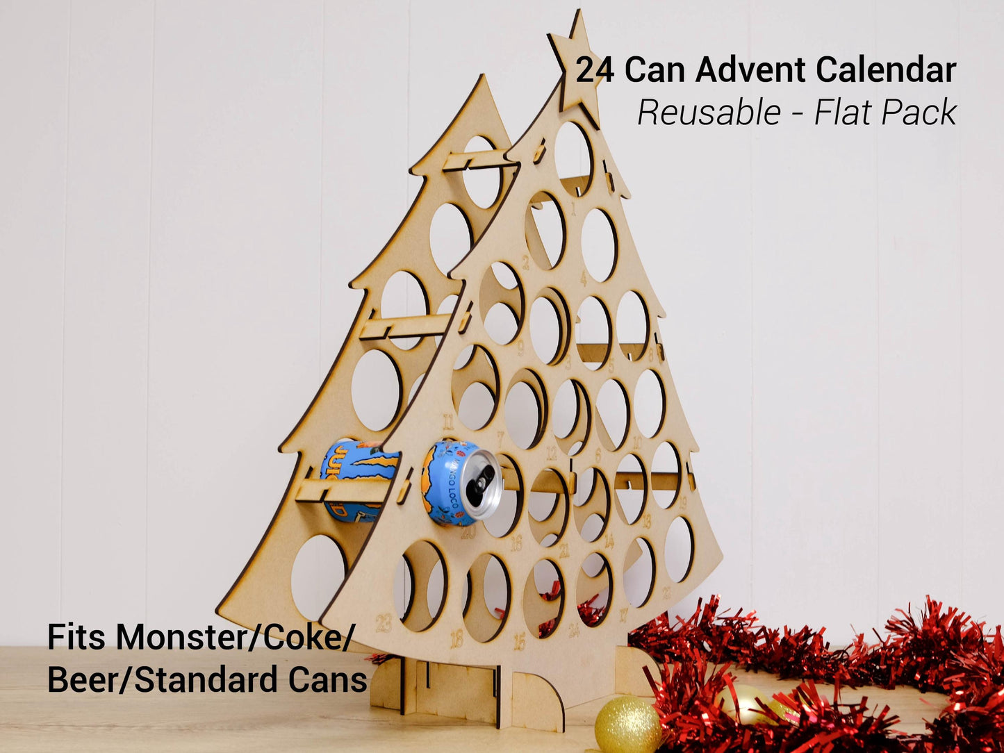 Can Advent Calendar Tree, 12 or 24 Cans, Skinny or Standard, Reusable MDF Christmas Countdown