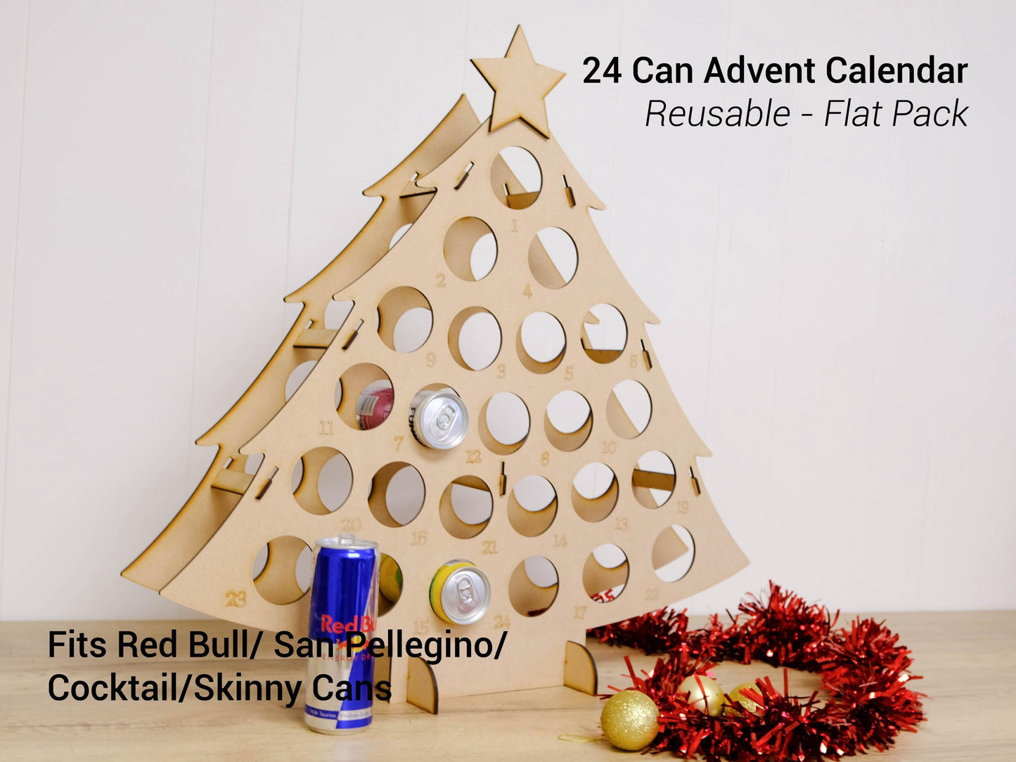 Can Advent Calendar Tree, 12 or 24 Cans, Skinny or Standard, Reusable MDF Christmas Countdown