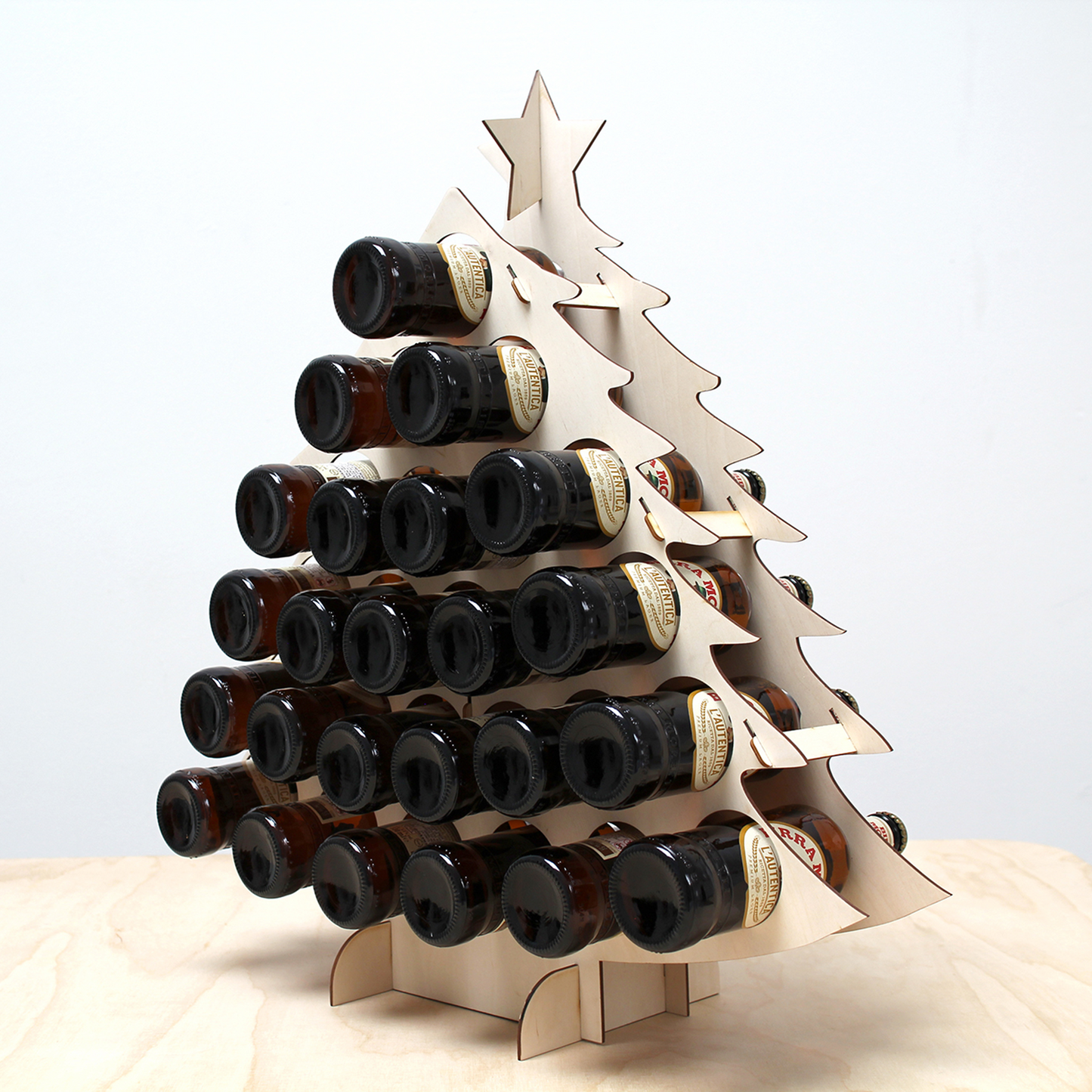 Full birch plywood bottle tree advent calendar in front of white background