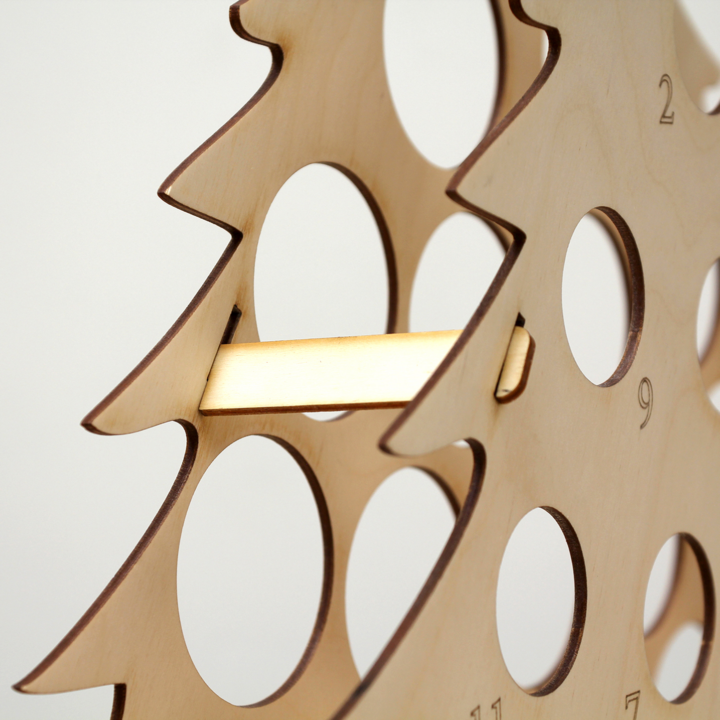 Side detail of birch plywood bottle tree advent calendar